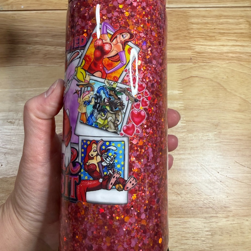 Handmade Sequins Red Who Framed Roger Rabbit Skinny Can Cooler Tumbler Cup - Picture 3 of 9